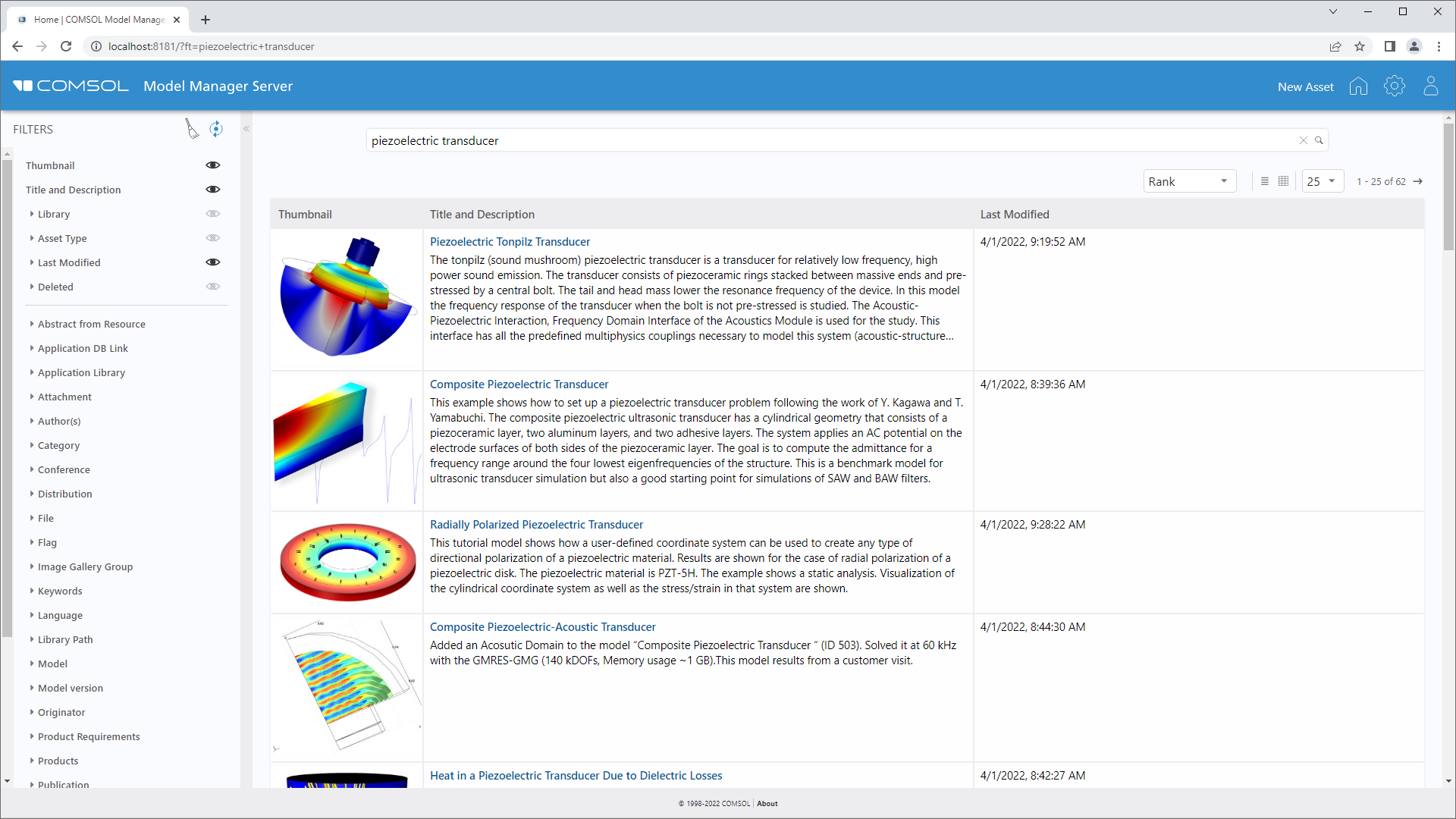 Ein Screenshot des Model Manager Servers mit den Suchfiltern und dem Asset-Management-System, das als Tabelle erscheint und von links nach rechts das Miniaturbild, den Titel und die Beschreibung, das Datum der letzten Änderung und den Asset-Typ anzeigt