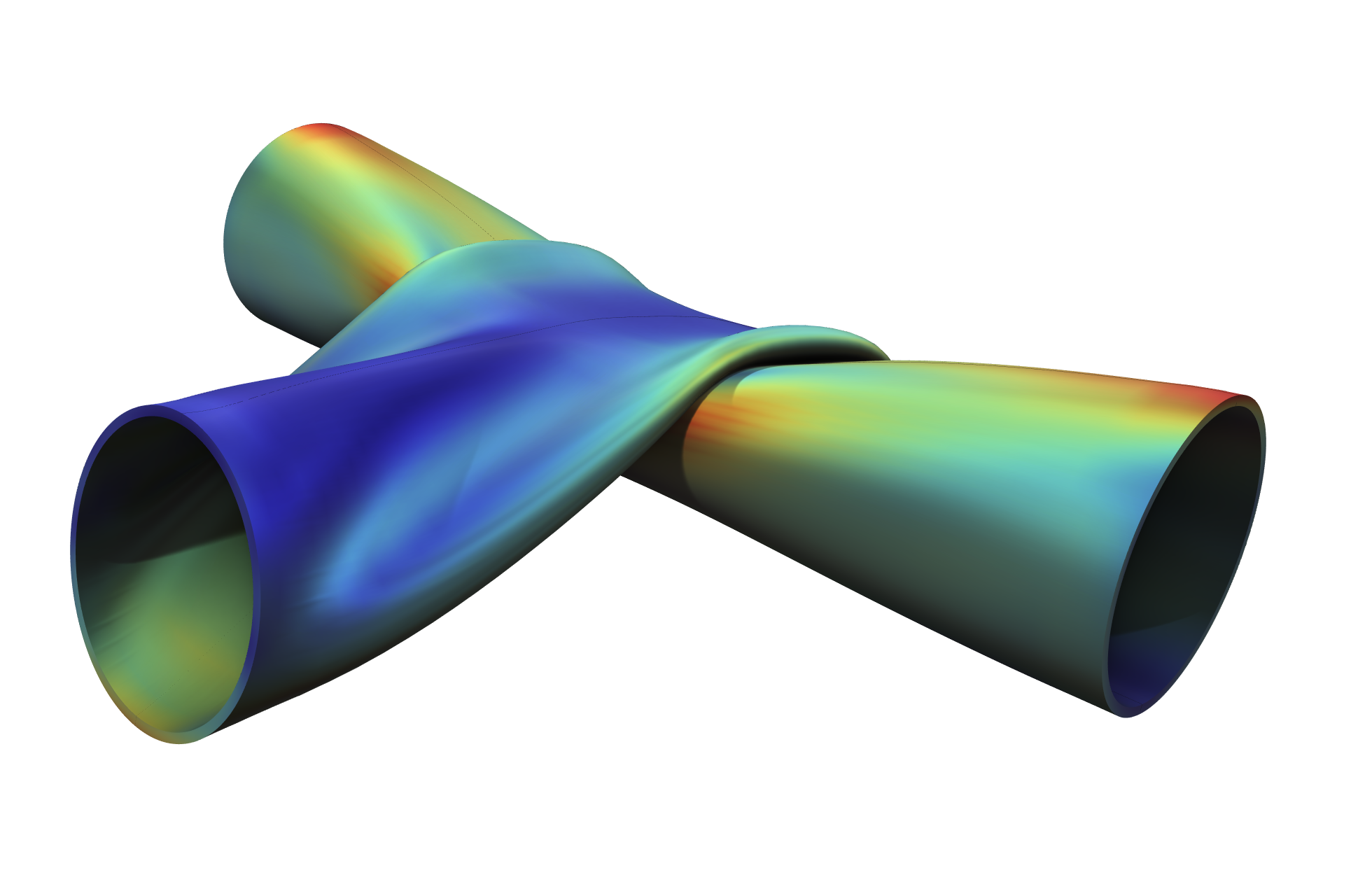 A structural analysis visualizes the stress and deformation of two metal tubes in mechanical contact.