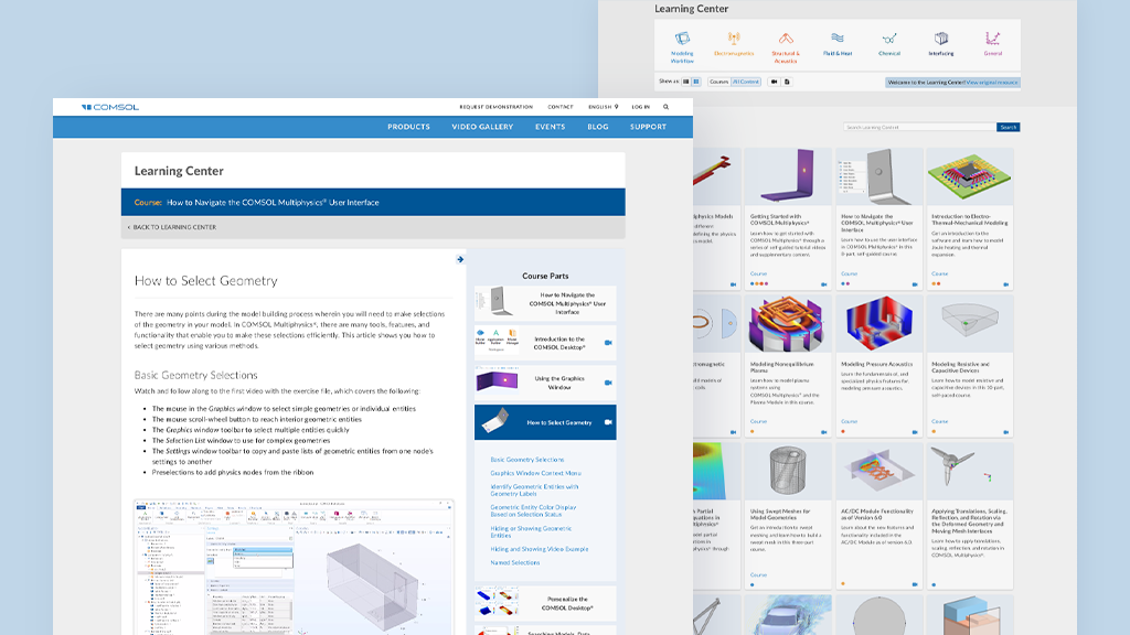 Deux captures d'écran du Centre d'Apprentissage sur le site internet de COMSOL