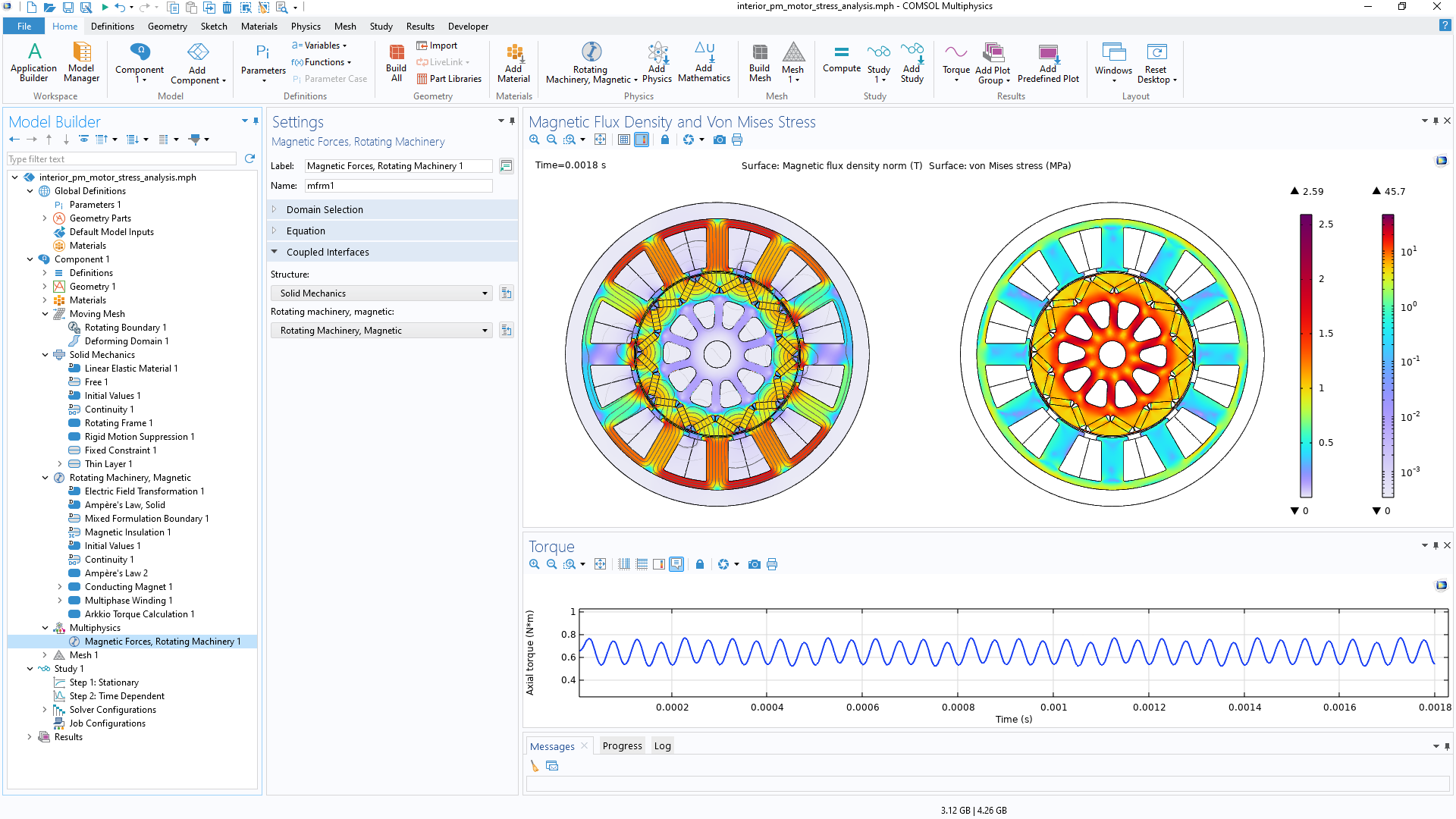 title="" alt="The COMSOL Multiphysics UI showing the Model Builder with the Magnetic Forces, Rotating Machinery node highlighted; the corresponding Settings window; and two Graphics windows showing two motors and a 1D plot, respectively."