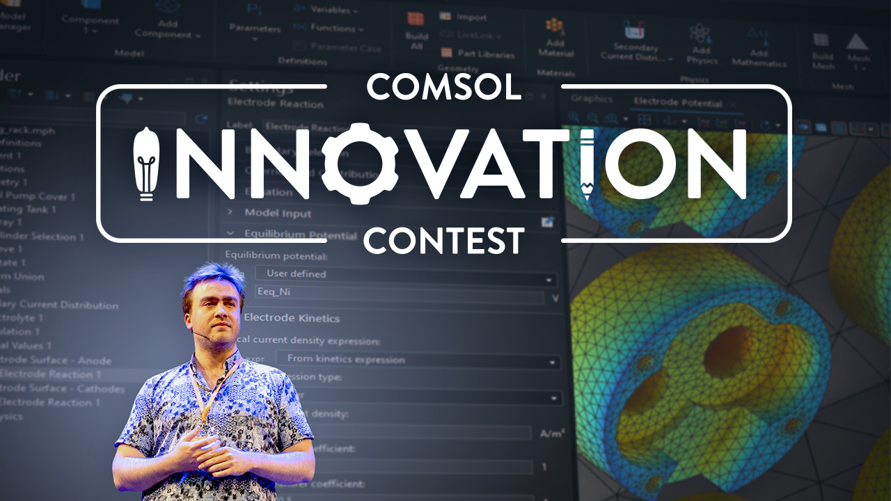 Le logo du Concours d'Innovation COMSOL surimposé sur une image d'un orateur présentant sur la scène principale lors de la Conference COMSOL 2025.