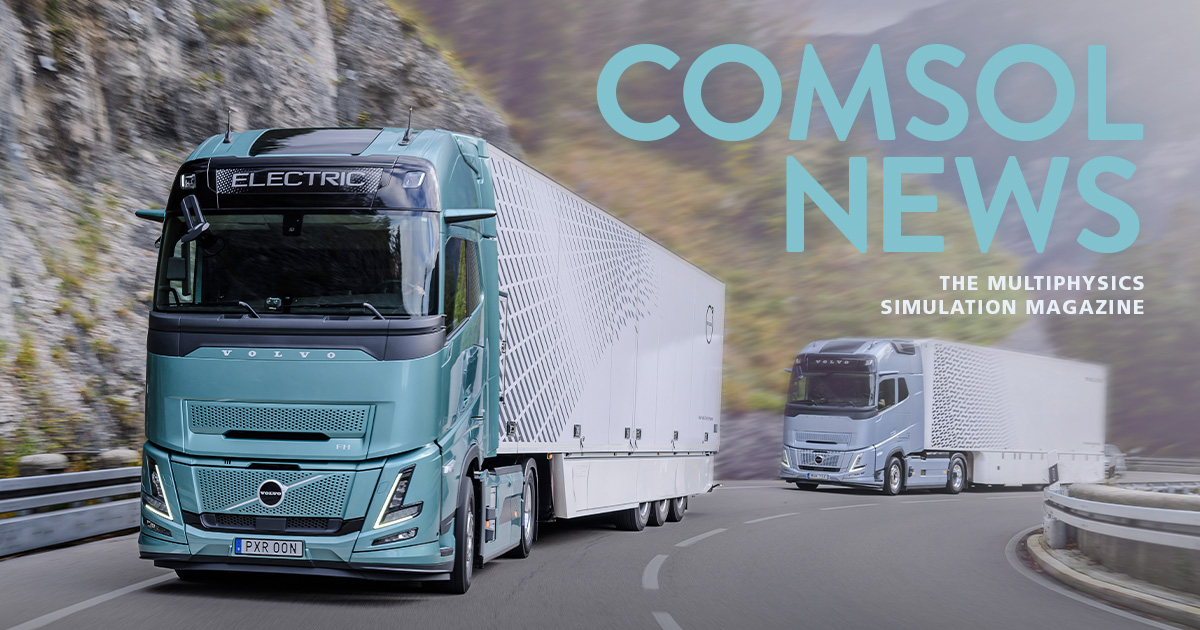 Volvo のEVトラックの実写画像を掲載した COMSOL News 2026 の表紙.
